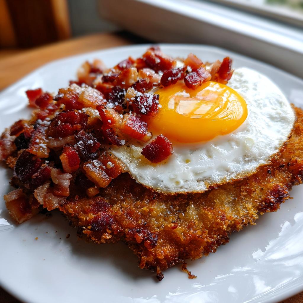 Knuspriges Bauern-Schnitzel mit Speckwürfeln und einem Spiegelei mit flüssigem Eigelb.