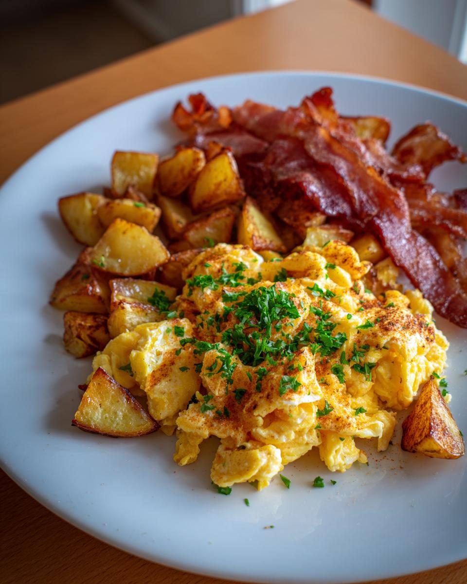 Teller mit cremigem Rührei, goldbraunen Bratkartoffeln und knusprigem Speck – ein klassisches Bauernfrühstück.