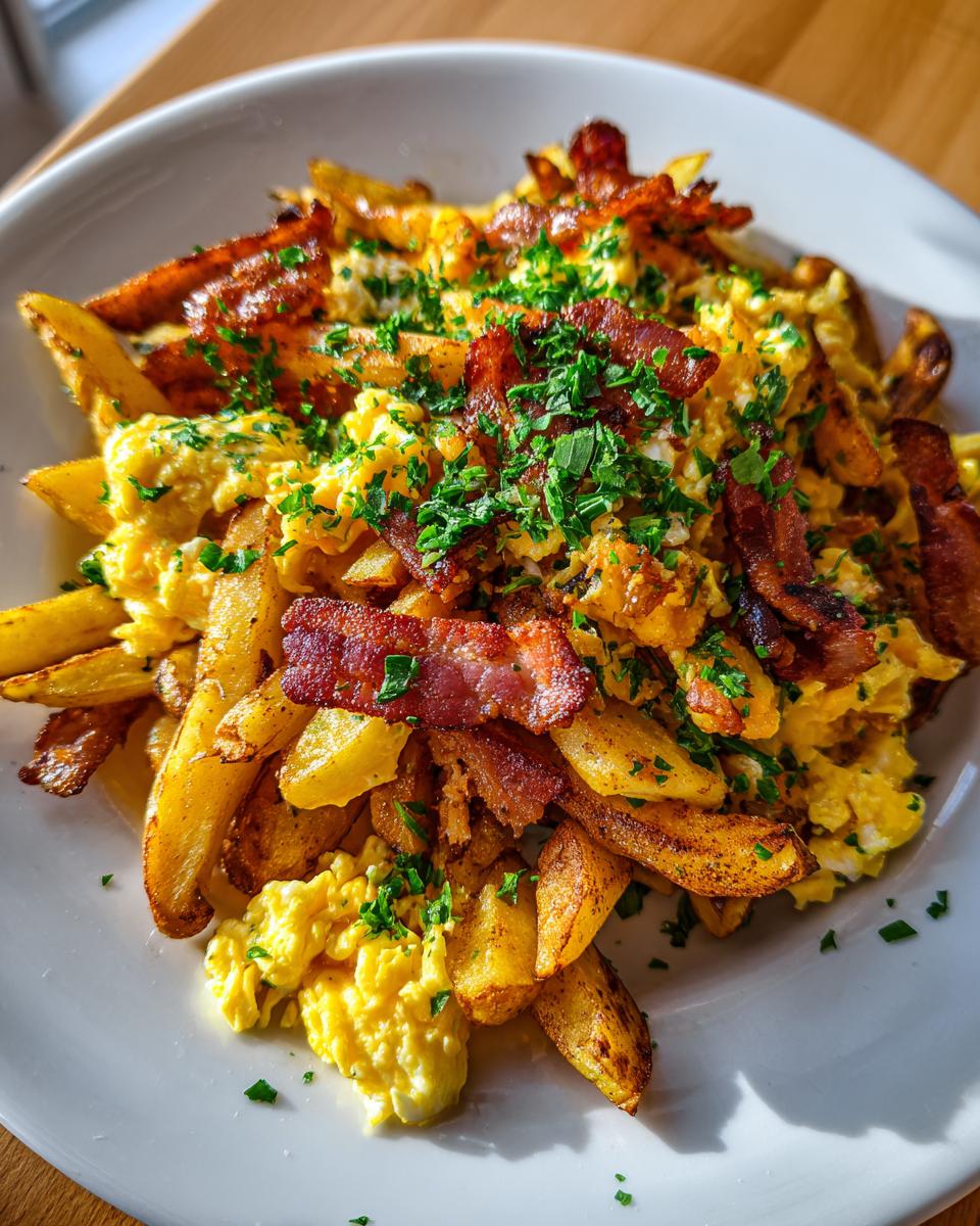 Teller mit klassischem Bauernfrühstück: Rührei, Bratkartoffeln und knusprigem Speck, bestreut mit Petersilie.