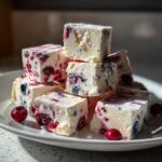 Ein Stapel gefrorener Beeren-Joghurt-Würfel mit sichtbaren Blaubeeren und roten Beeren auf einem weißen Teller.