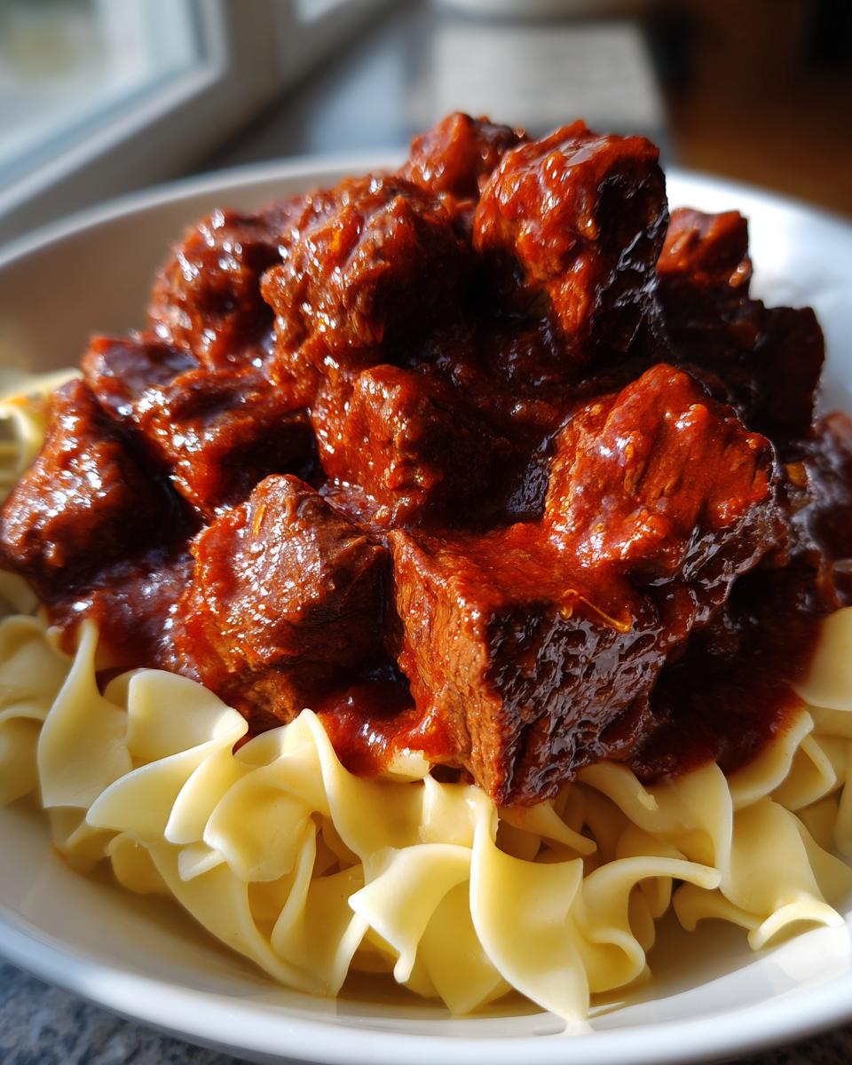 Ein Teller mit zartem Gulasch mit Nudeln, übergossen mit dunkler, reichhaltiger Sauce.