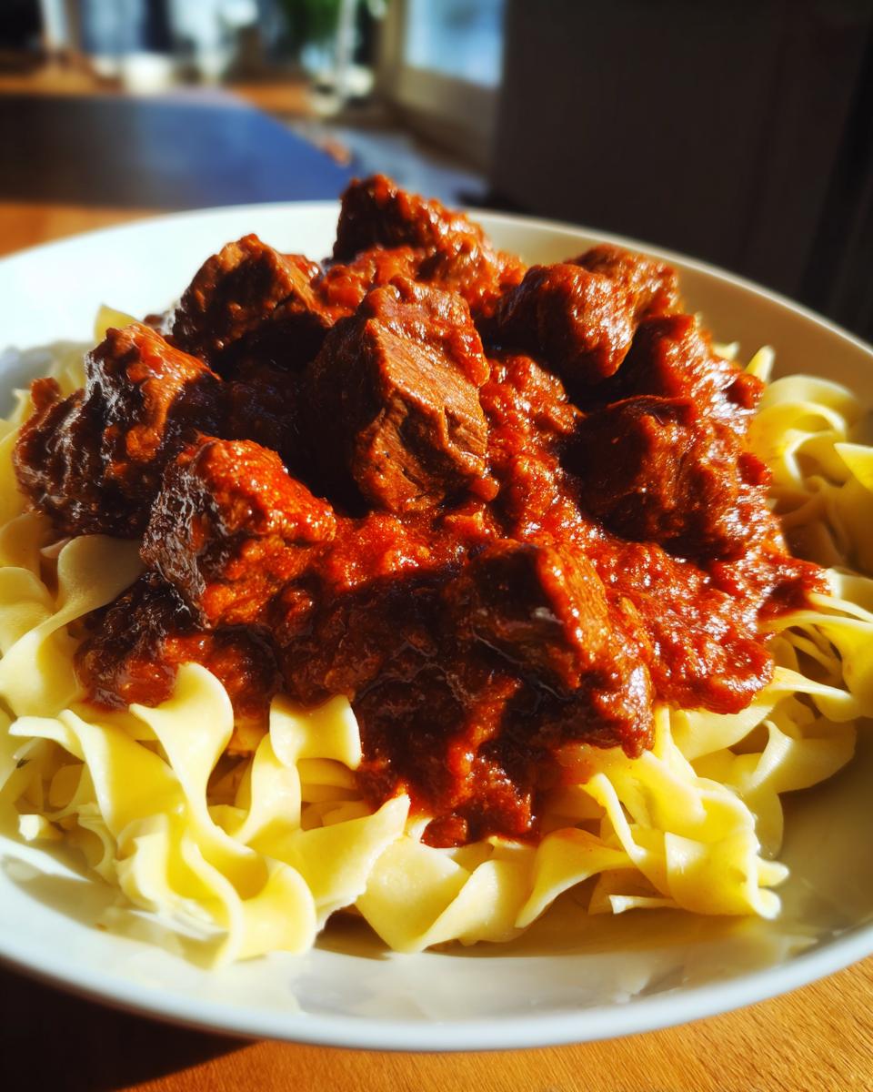 Ein Teller mit hausgemachtem Gulasch mit Nudeln, bedeckt mit reichhaltiger, dunkler Soße und Fleischstücken.