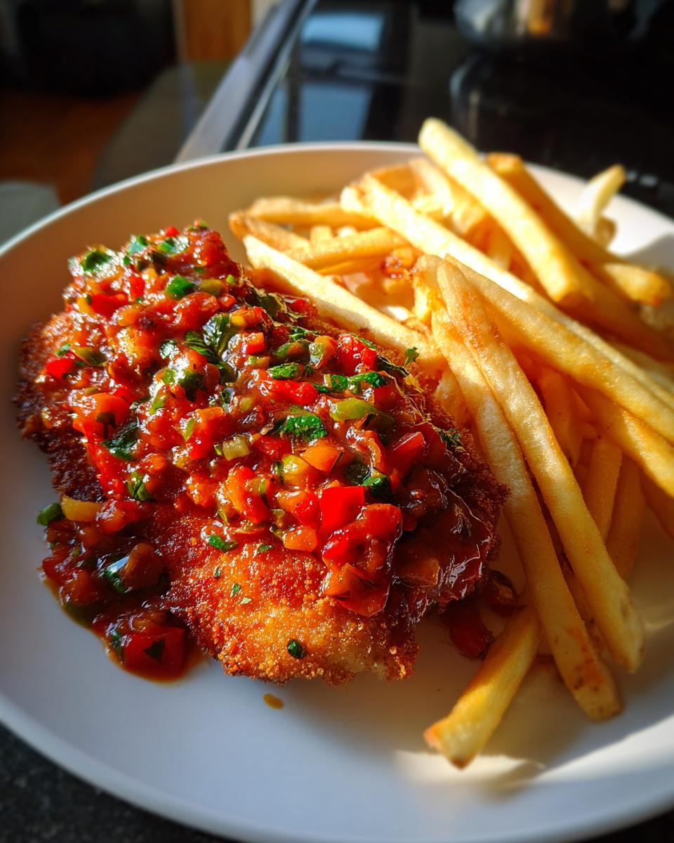Knuspriges Zigeunerschnitzel mit bunter Paprikasoße und goldbraunen Pommes auf einem weißen Teller.