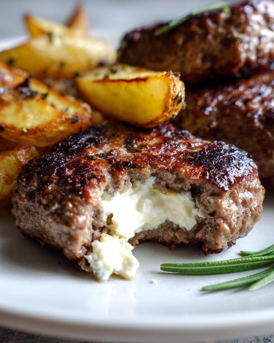 Aufgeschnittenes Bifteki mit Fetafüllung und gebratenen Kartoffeln, garniert mit Rosmarin.