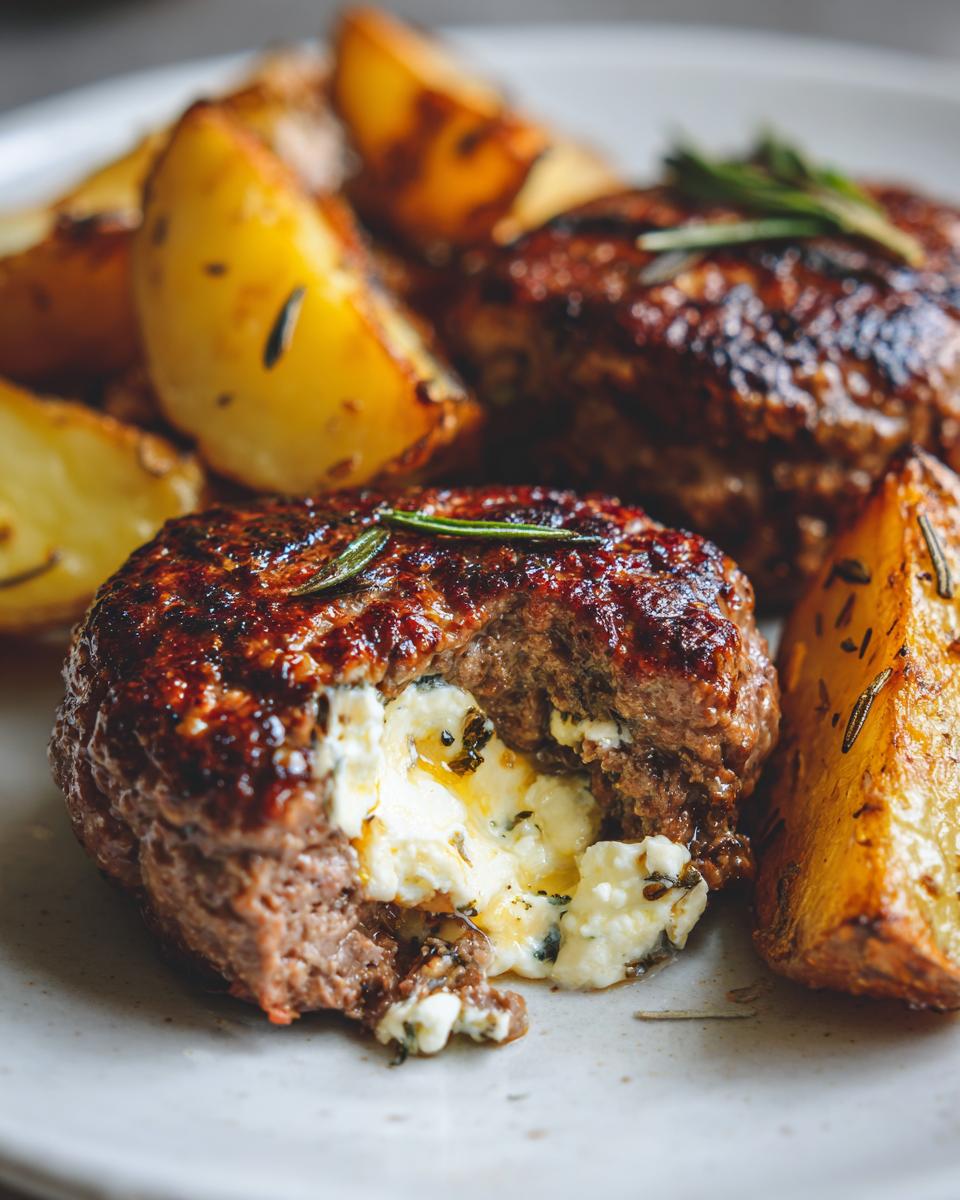 Anschnitt von Bifteki mit Fetafüllung und Rosmarinkartoffeln, der geschmolzene Feta läuft heraus.