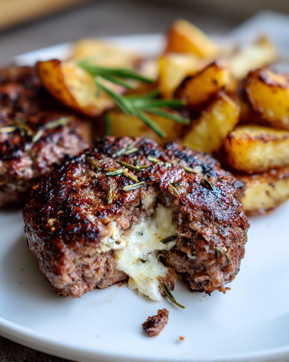 Aufgeschnittenes Bifteki mit Fetafüllung und Rosmarinkartoffeln, der Käse läuft heraus.