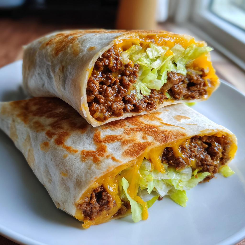 Nahaufnahme von zwei Hälften Big-Mac-Wraps aus der Pfanne mit Hackfleisch, Salat und geschmolzenem Käse.