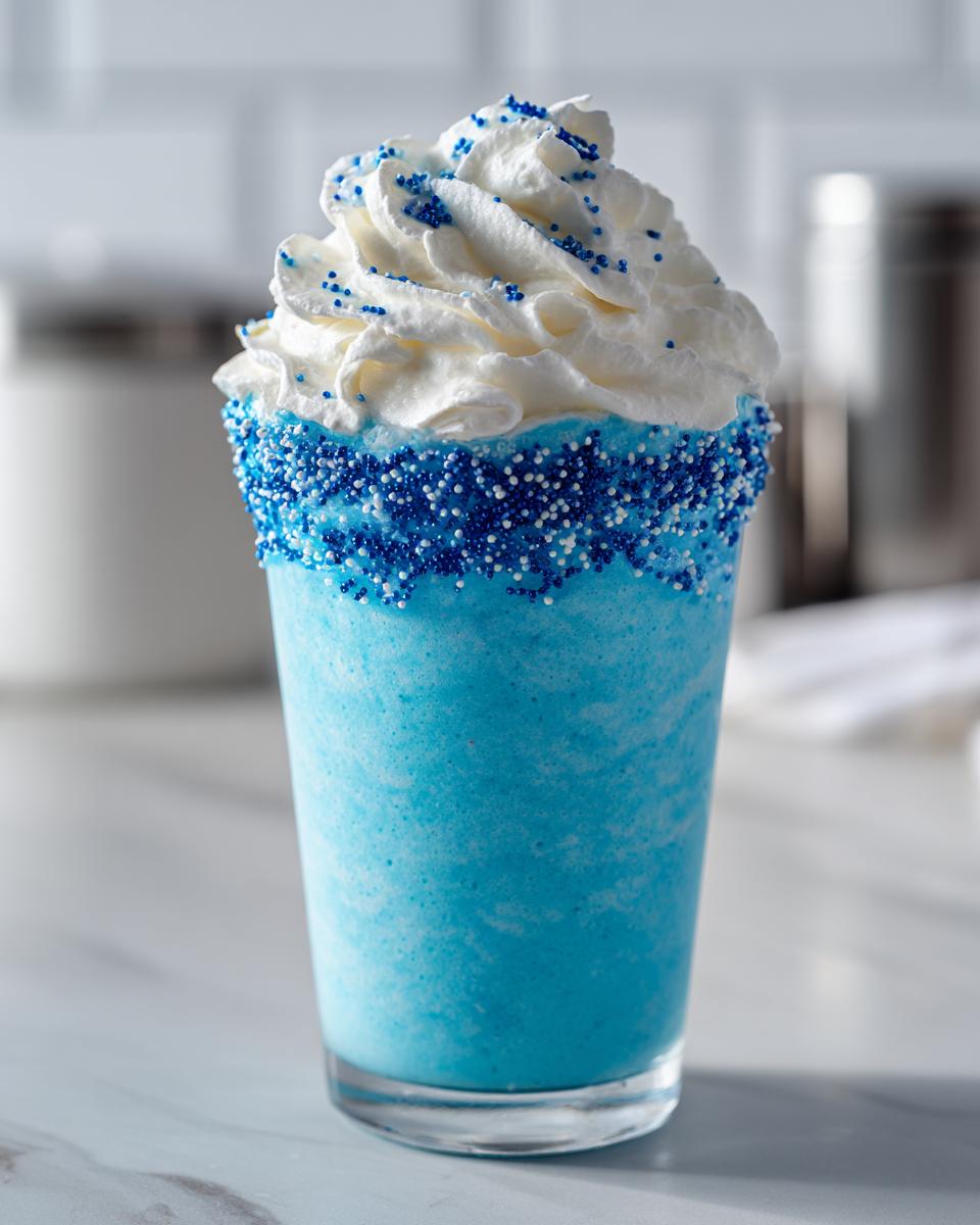 Nahaufnahme eines leuchtend blauen Blue-Lagoon-Milchshake mit Zuckerkranz und Schlagsahne.