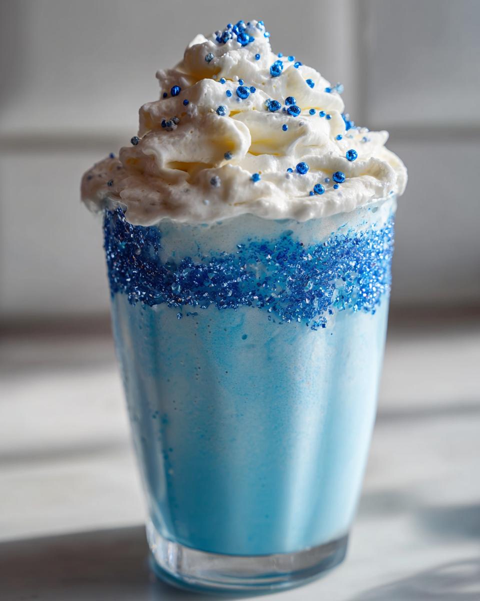 Nahaufnahme eines leuchtend blauen Blue-Lagoon-Milchshake mit Zuckerrand und viel Schlagsahne.