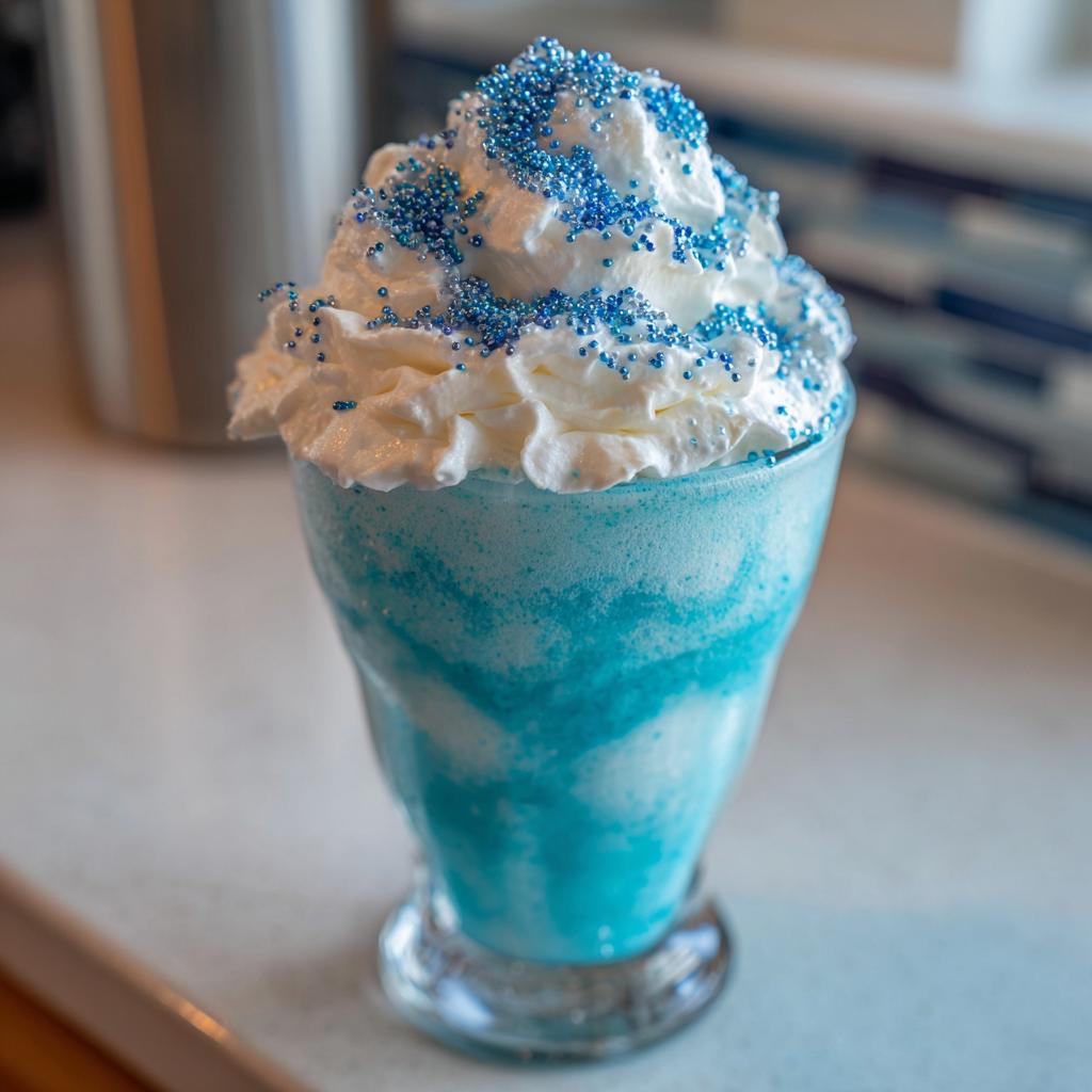 Nahaufnahme eines leuchtend blauen Blue-Lagoon-Milchshake mit viel Sahne und blauen Zuckerperlen.