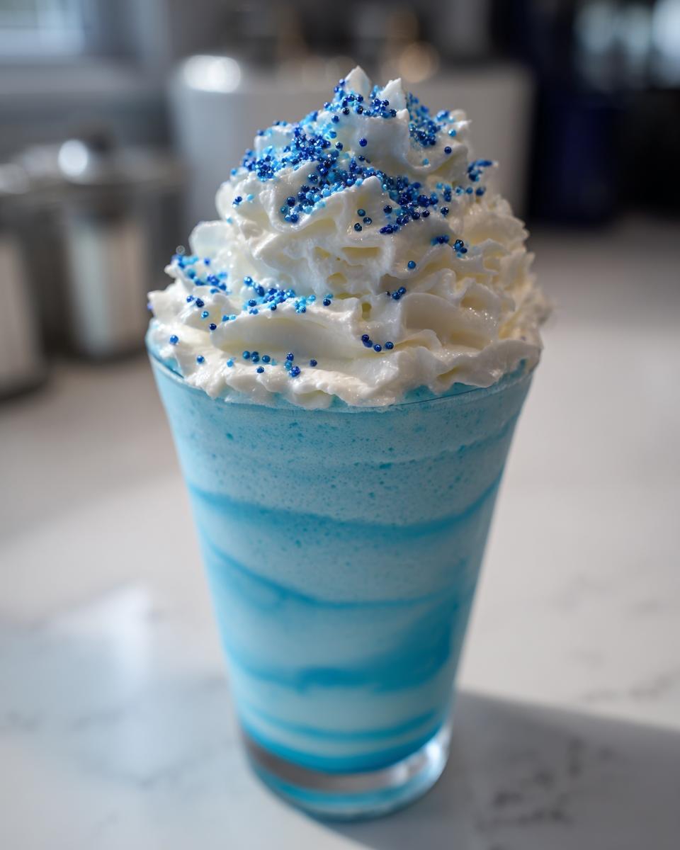 Nahaufnahme eines leuchtend blauen Blue-Lagoon-Milchshake mit viel Sahne und blauen Zuckerperlen.