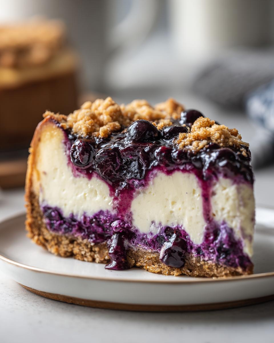 Nahaufnahme eines cremigen Stücks Blueberry-Crumble-Cheesecake mit Blaubeerkompott und Streuseln.