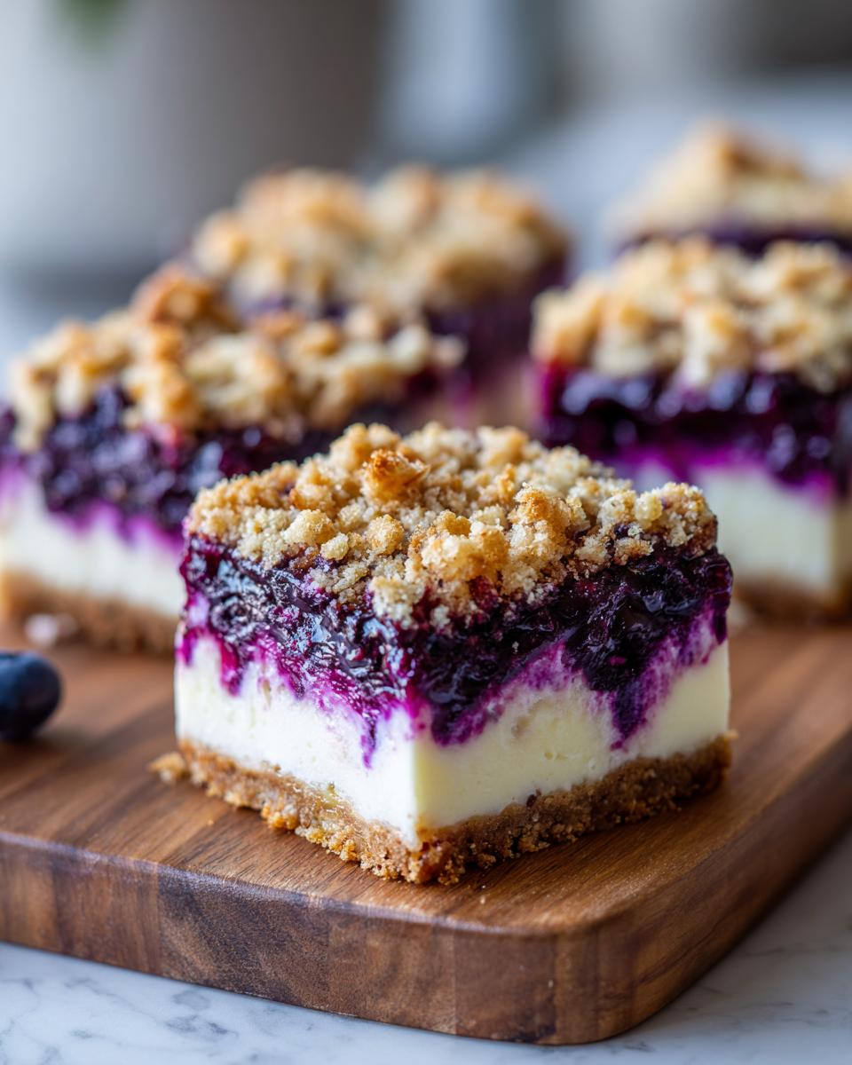 Nahaufnahme eines saftigen Stücks Blueberry-Crumble-Cheesecake auf einem Holzbrett.