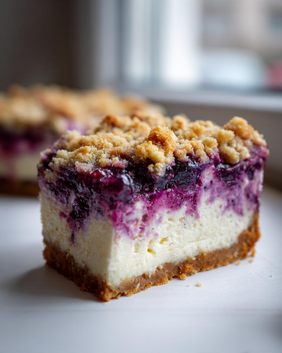 Nahaufnahme eines saftigen Stücks Blueberry-Crumble-Cheesecake mit cremiger Füllung und knusprigen Streuseln.