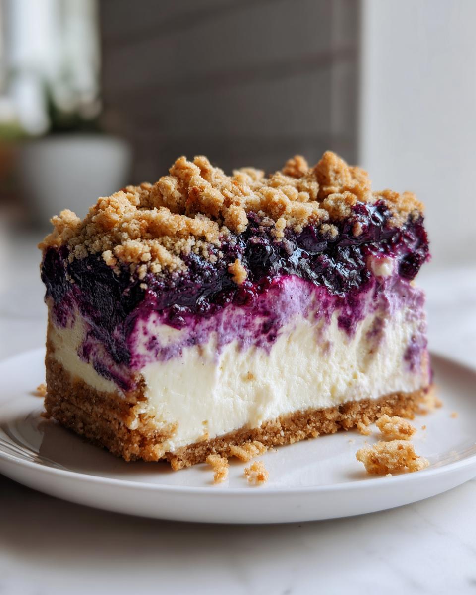 Nahaufnahme eines cremigen Stücks Blueberry-Crumble-Cheesecake mit dunkler Blaubeerfüllung und knusprigen Streuseln.
