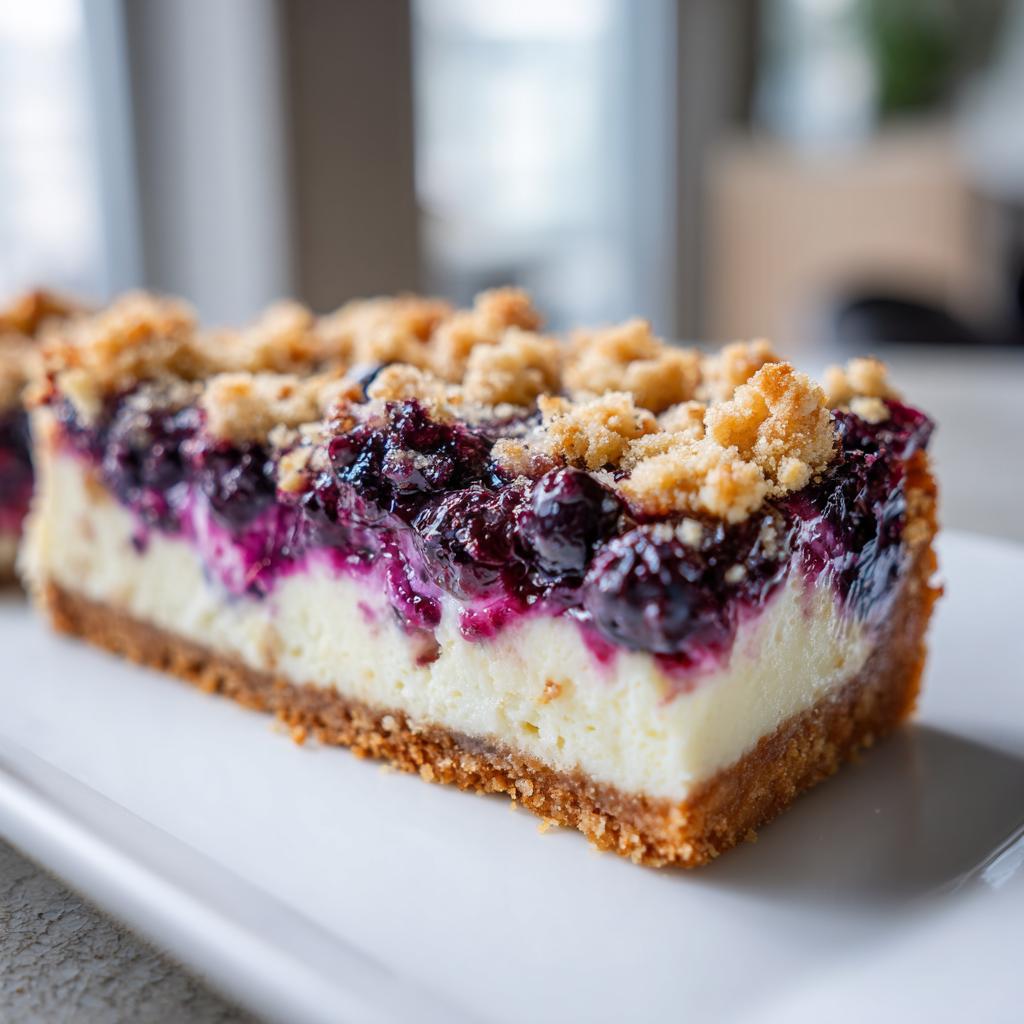 Nahaufnahme eines saftigen Stücks Blueberry-Crumble-Cheesecake mit knusprigem Streusel-Topping auf einem weißen Teller.