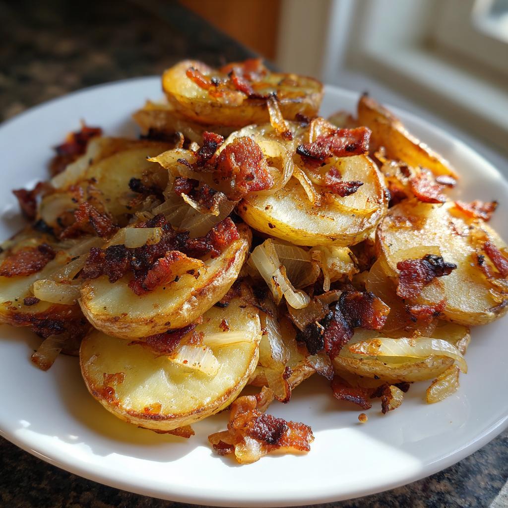 Ein Teller mit goldbraun gebratenen Bratkartoffeln mit Speck und karamellisierten Zwiebeln.