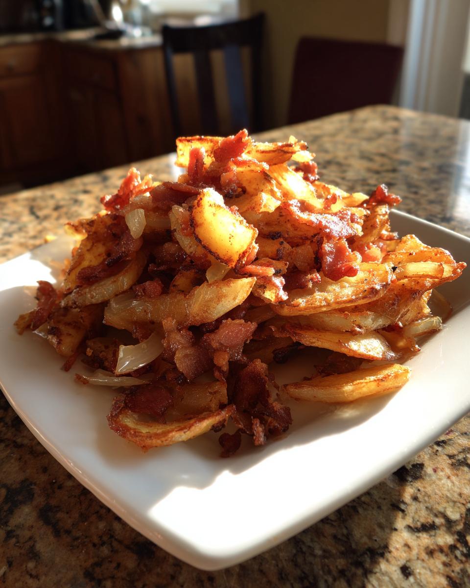 Ein Teller mit goldbraunen, knusprigen Bratkartoffeln mit Speck und Zwiebeln, appetitlich angerichtet.