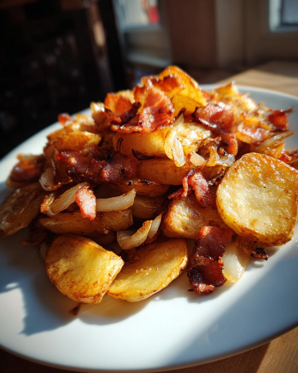 Nahaufnahme von goldbraunen Bratkartoffeln mit Speck und Zwiebeln, die sehr knusprig aussehen.