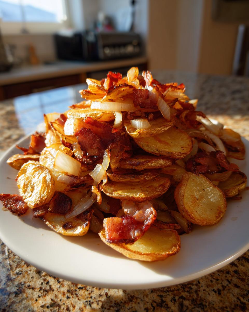 Ein hoher Berg goldbrauner Bratkartoffeln mit Speckwürfeln und Zwiebeln auf einem weißen Teller.