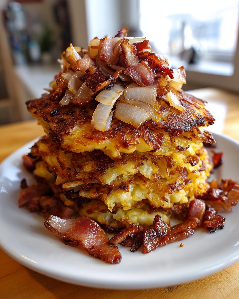 Ein hoher Stapel goldbrauner Bratkartoffeln, belegt mit knusprigem Speck und karamellisierten Zwiebeln.
