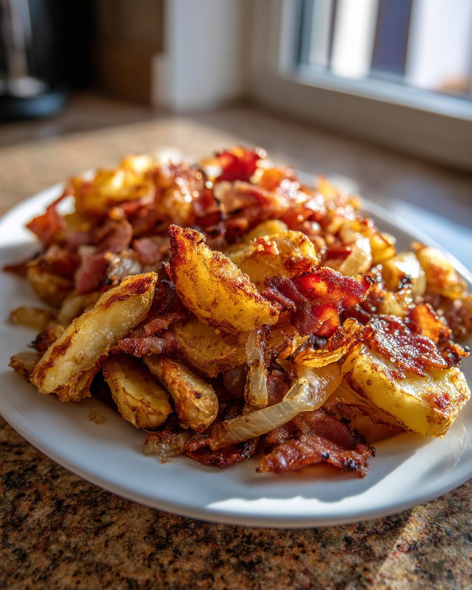Nahaufnahme von knusprigen Bratkartoffeln mit Speck und Zwiebeln auf einem weißen Teller.