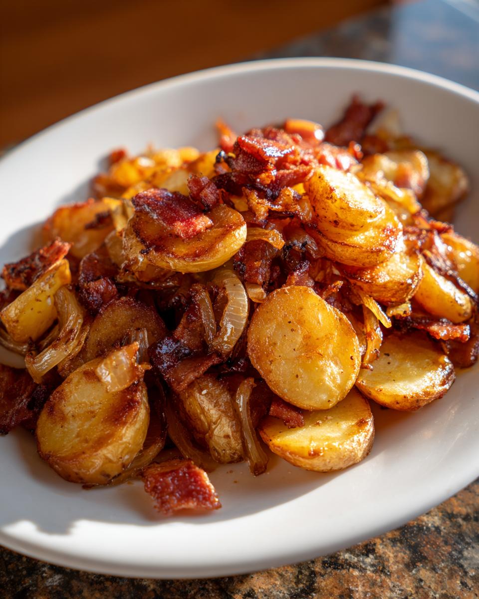 Teller voller goldbrauner Bratkartoffeln mit Speck und Zwiebeln, knusprig gebraten.