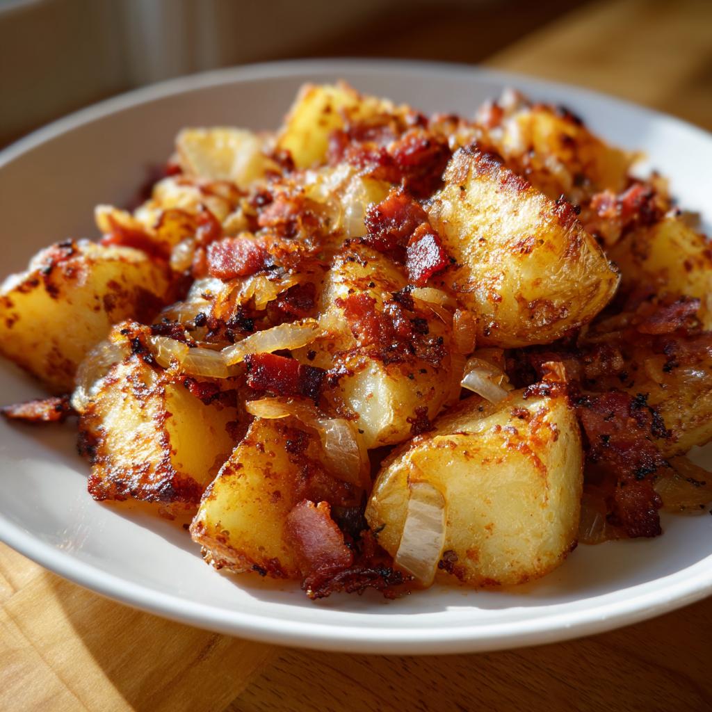 Nahaufnahme von goldbraunen Bratkartoffeln mit Speck und Zwiebeln auf einem weißen Teller.