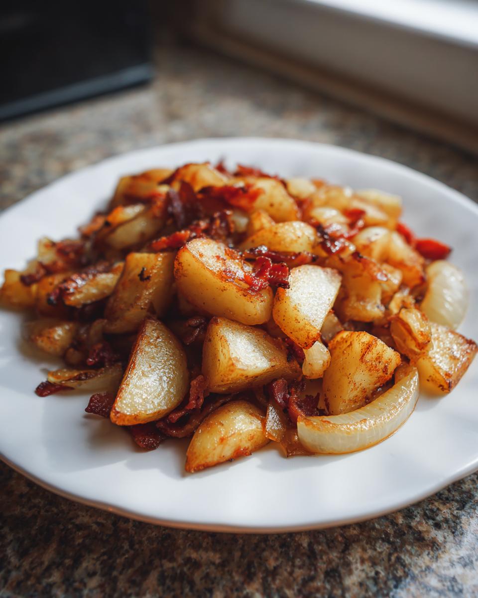 Nahaufnahme von goldbraunen Bratkartoffeln mit Speck und Zwiebeln auf einem weißen Teller.