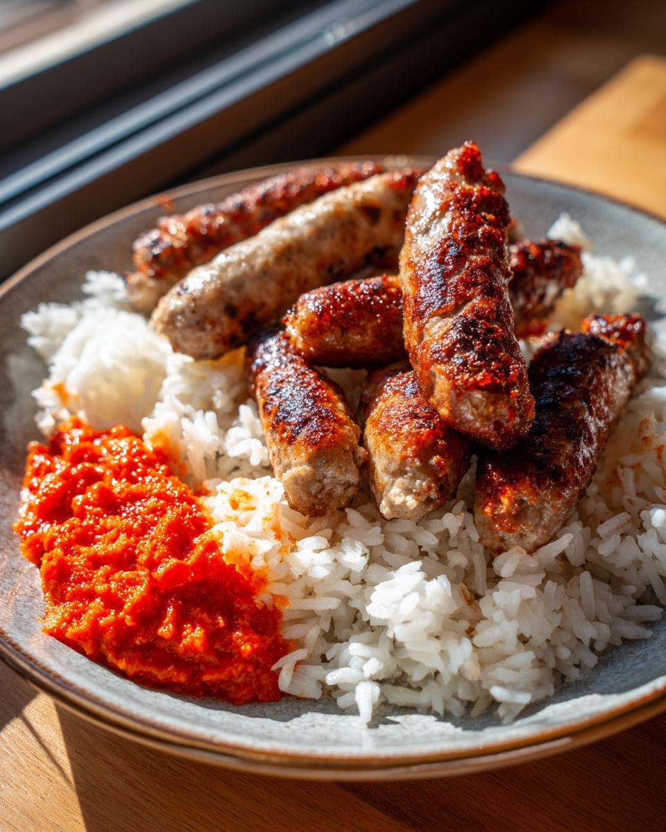 Nahaufnahme von saftigen, gebratenen Ćevapčići auf lockerem Reis mit einem Klecks leuchtend rotem Ajvar.