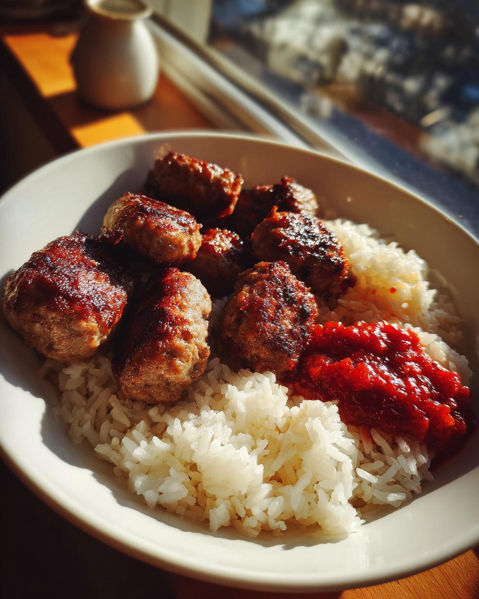 Nahaufnahme von frisch gebratenen Ćevapčići mit lockerem Reis und einem Klecks rotem Ajvar in einer weißen Schüssel.