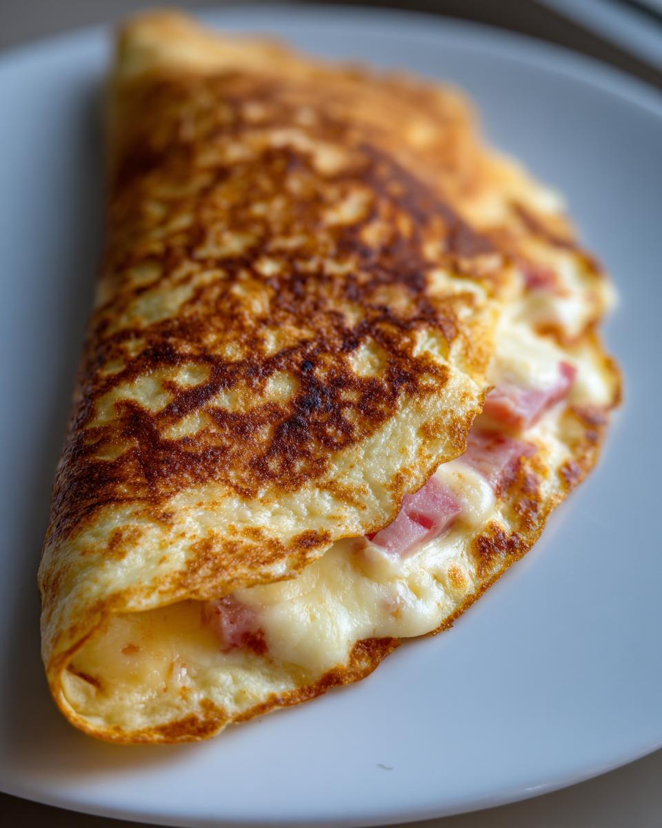 Nahaufnahme eines gefalteten, goldbraun gebratenen Cheese-Wraps aus der Pfanne, gefüllt mit geschmolzenem Käse und Schinken.