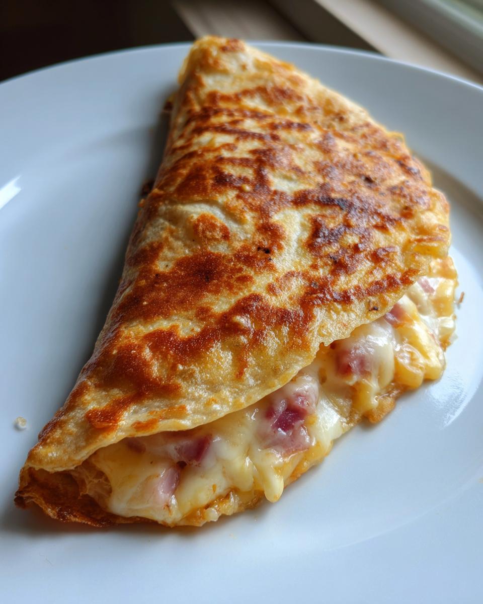 Ein goldbraun gebratener Cheese-Wrap aus der Pfanne, halb gefaltet, mit geschmolzenem Käse und Schinkenstückchen.