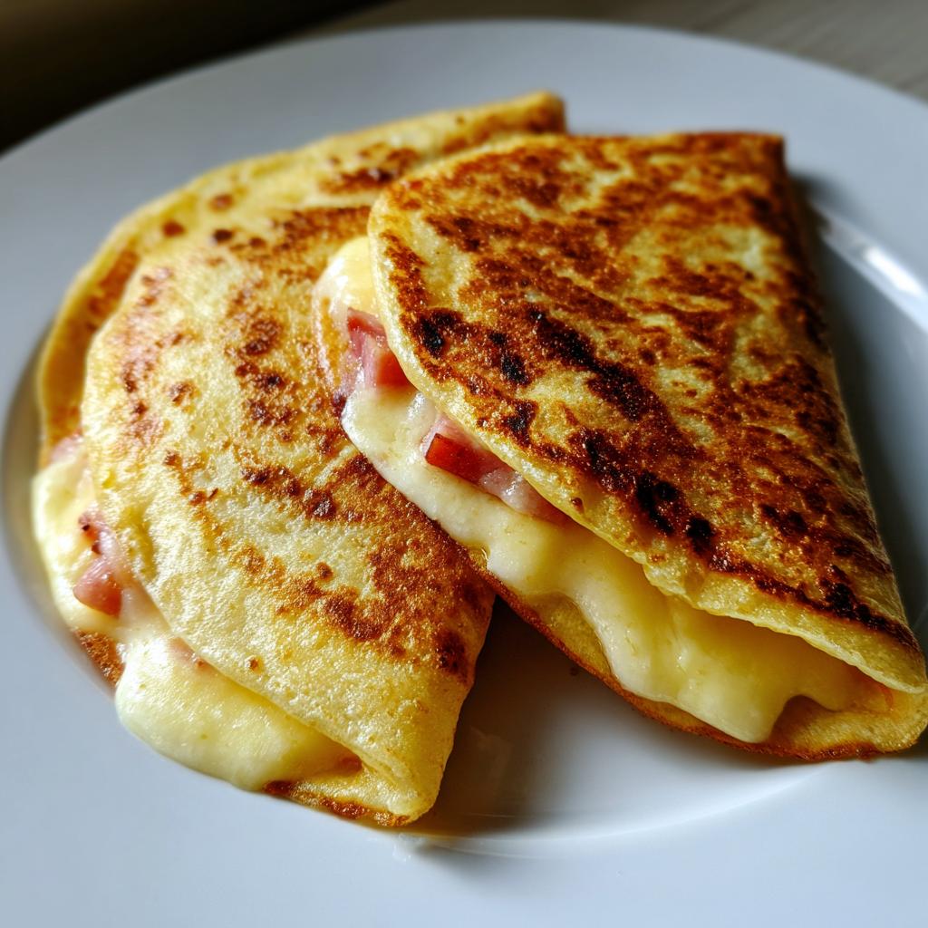 Zwei goldbraun gebratene Cheese-Wraps aus der Pfanne, gefüllt mit reichlich geschmolzenem Käse und Schinkenwürfeln.