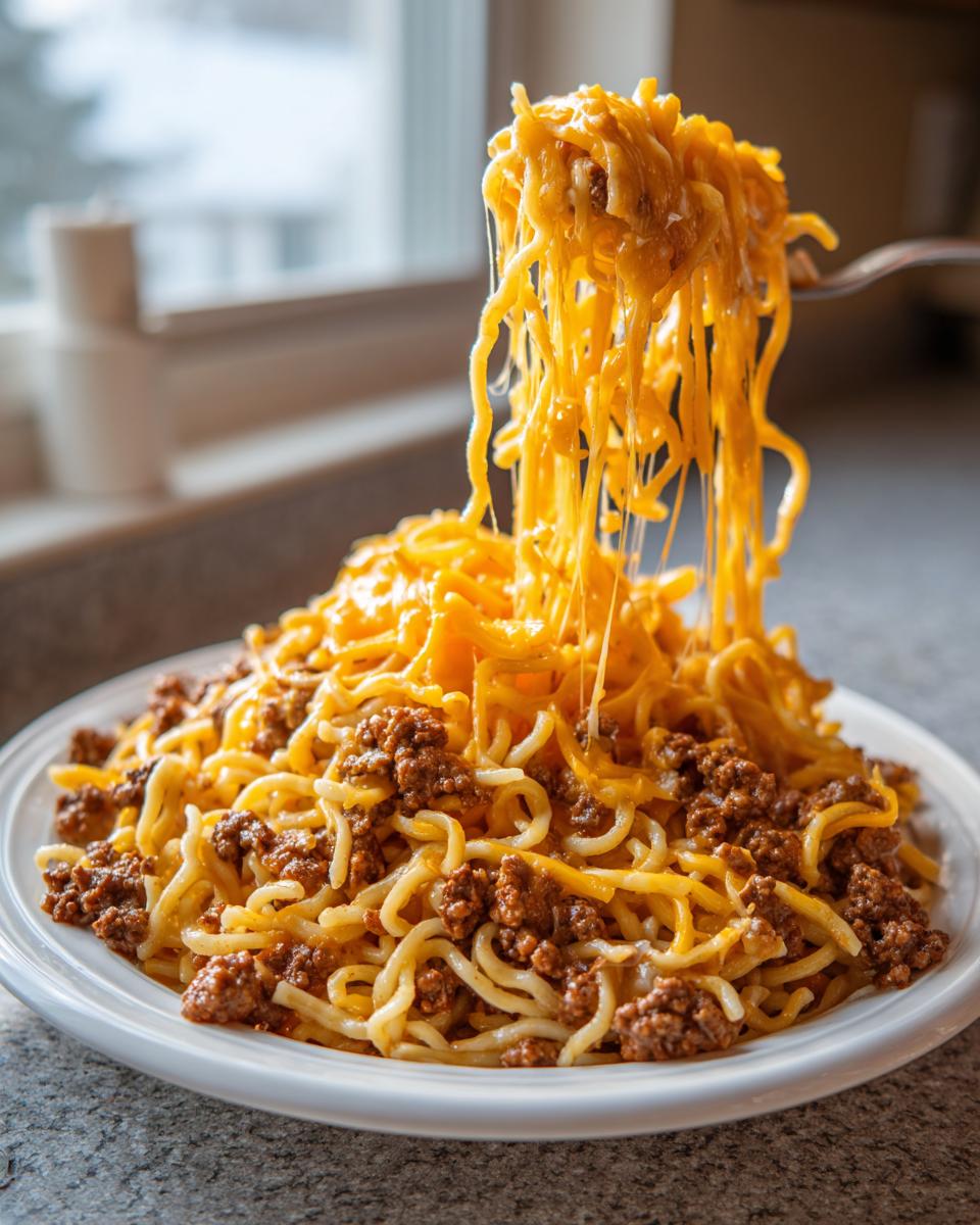 Nahaufnahme einer Gabel, die eine Portion cremiger Cheeseburger-Nudelpfanne mit viel geschmolzenem Käse hochzieht.
