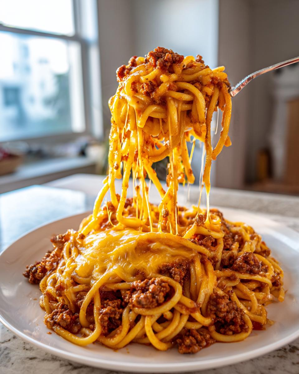 Gabel mit Cheeseburger-Nudelpfanne, die Fäden von geschmolzenem Käse zieht.