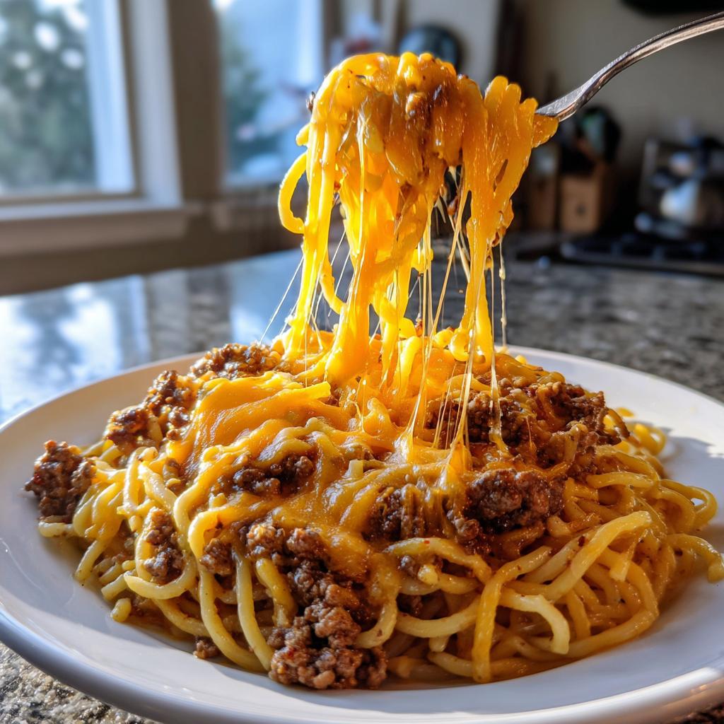 Nahaufnahme einer Portion Cheeseburger-Nudelpfanne mit Fäden ziehendem, geschmolzenem Käse.