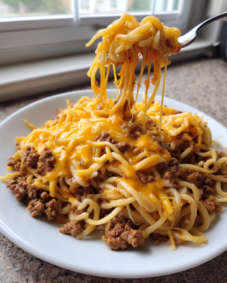 Nahaufnahme einer Gabel, die lange Fäden geschmolzenen Käses aus einer Cheeseburger-Nudelpfanne zieht.