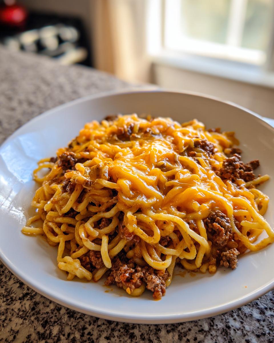 Teller mit einer Portion cremiger Cheeseburger-Nudelpfanne, bedeckt mit geschmolzenem Cheddar-Käse.