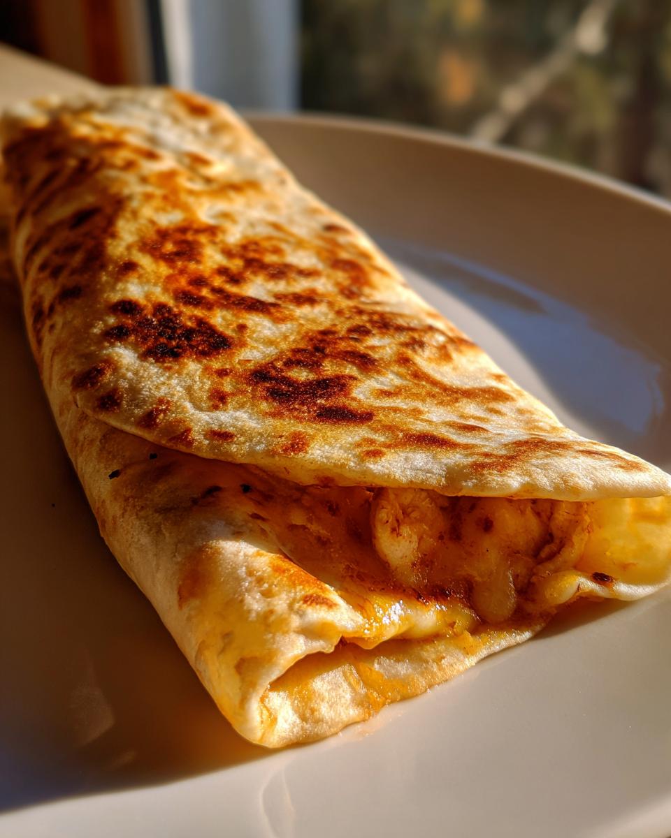 Nahaufnahme eines goldbraun gebratenen Chicken-Cheese-Wraps mit geschmolzenem Käse.