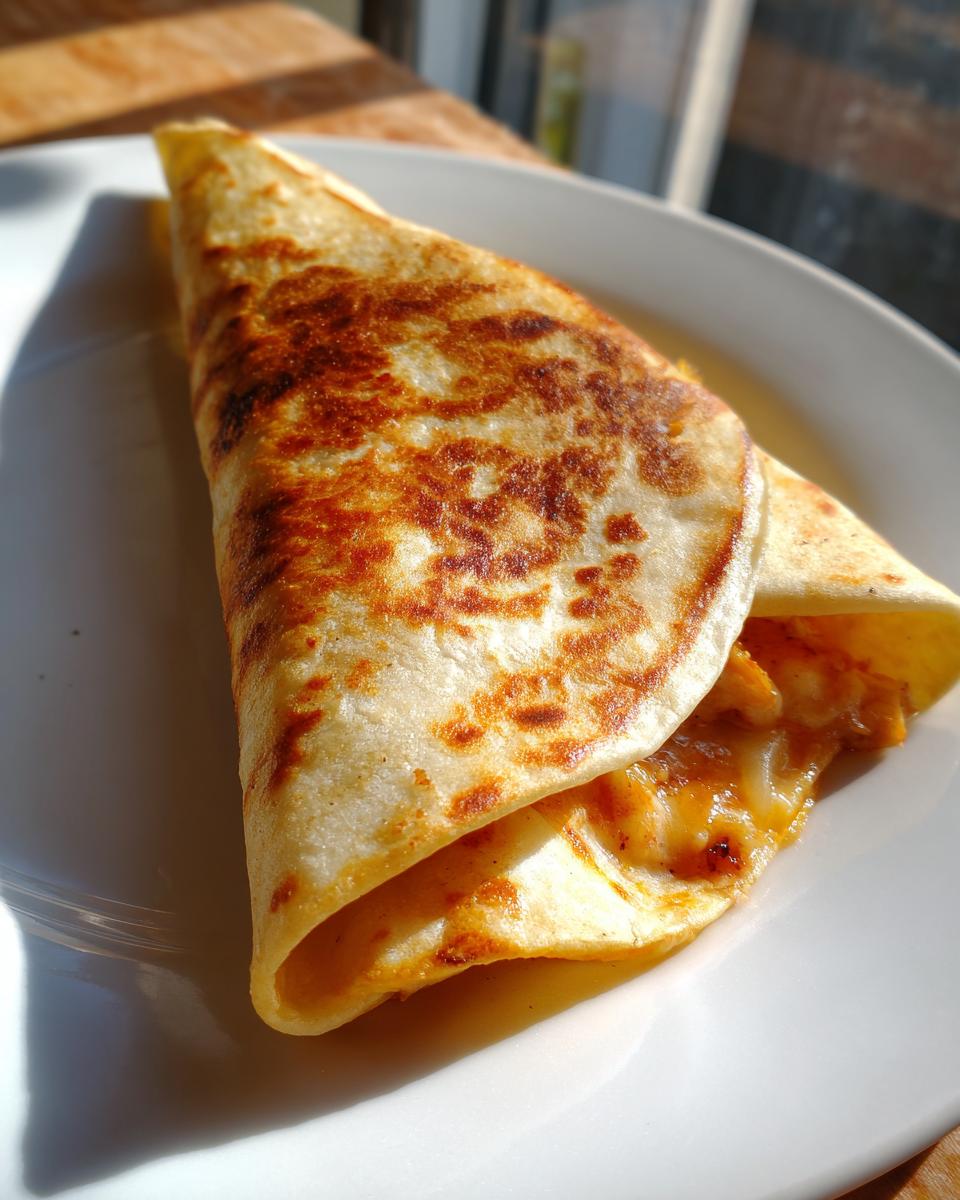 Nahaufnahme eines goldbraun gebratenen Chicken-Cheese-Wraps, aus dem geschmolzener Käse quillt.