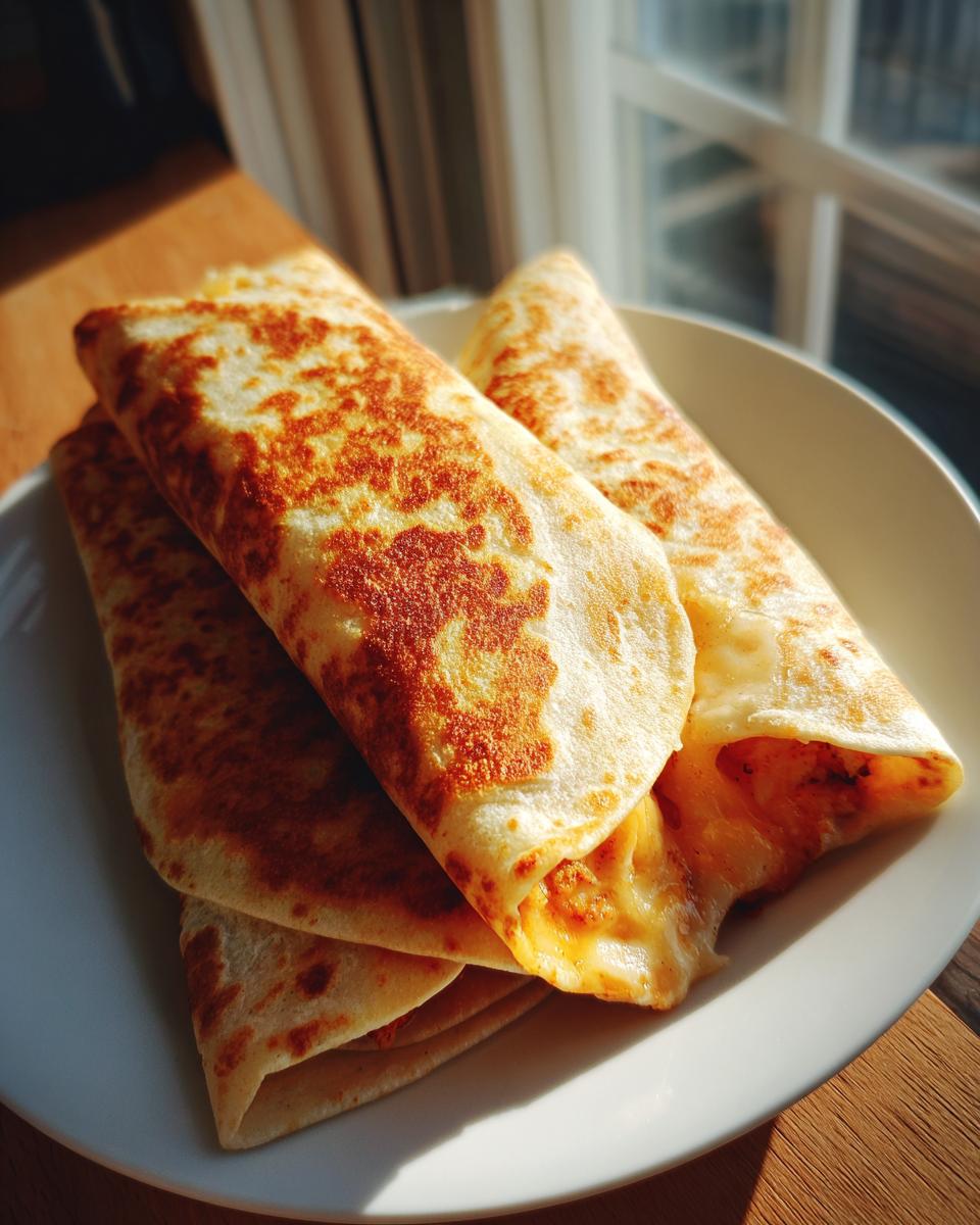 Drei goldbraun gebratene Chicken-Cheese-Wraps auf einem weißen Teller, Käse quillt heraus.