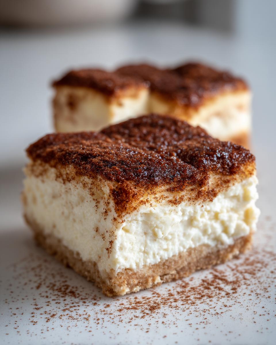 Ein Anschnitt eines cremigen Churro-Cheesecake-Riegels mit Zimt-Zucker-Kruste auf weißem Untergrund.
