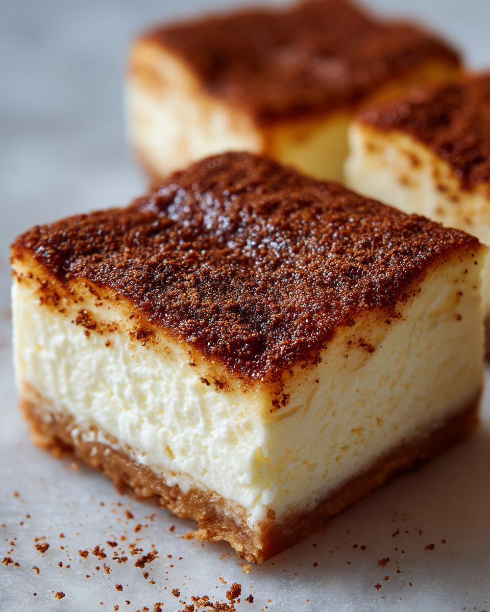 Ein saftiges Stück Churro-Cheesecake-Riegel mit cremiger Füllung und Zimt-Zucker-Topping.