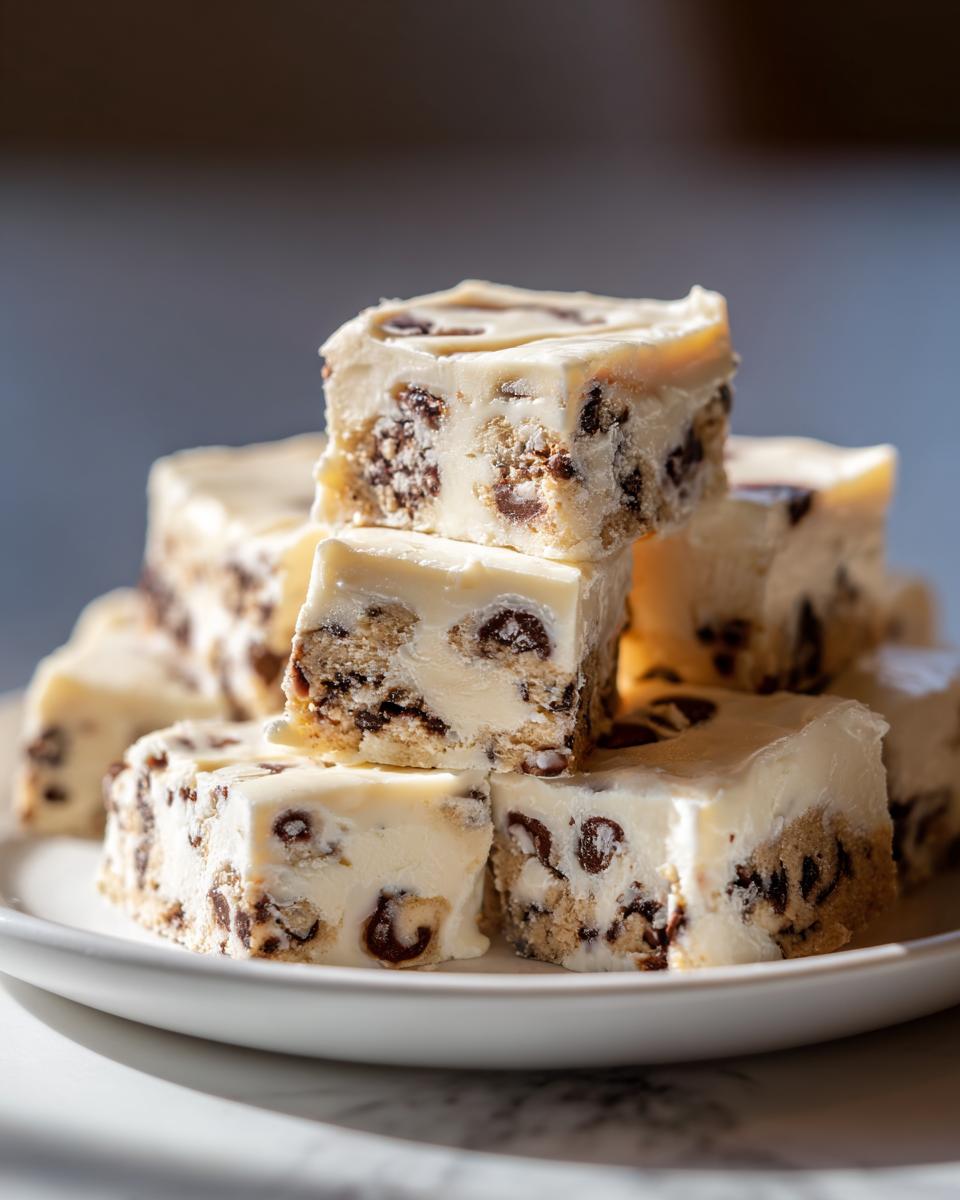 Nahaufnahme von gestapelten Stücken Cookie-Dough-Fudge mit weißen und braunen Schokostückchen auf einem weißen Teller.