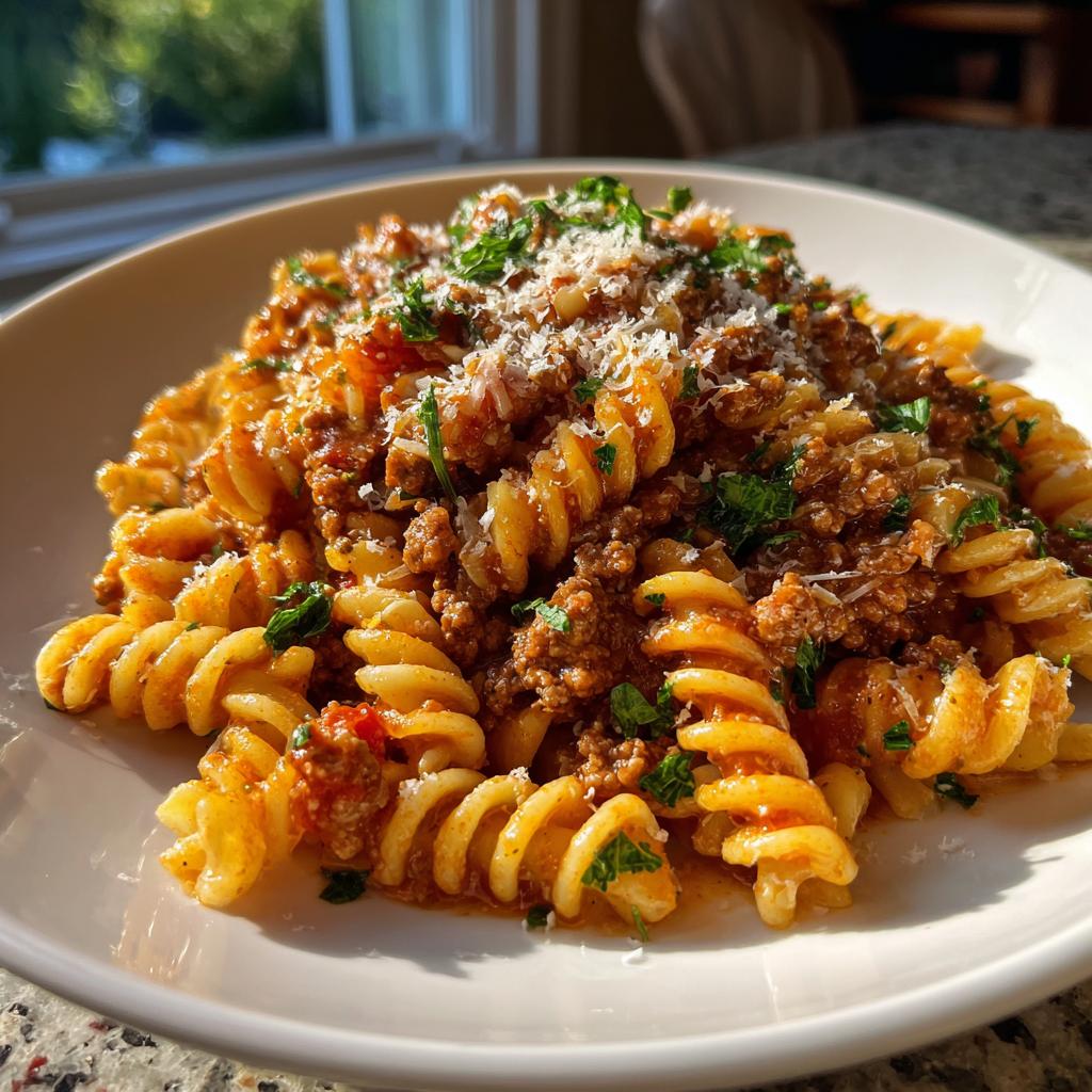 Nahaufnahme einer Tellerportion cremiger Hackfleisch-Pasta Hausfrauenart, garniert mit geriebenem Parmesan und Petersilie.