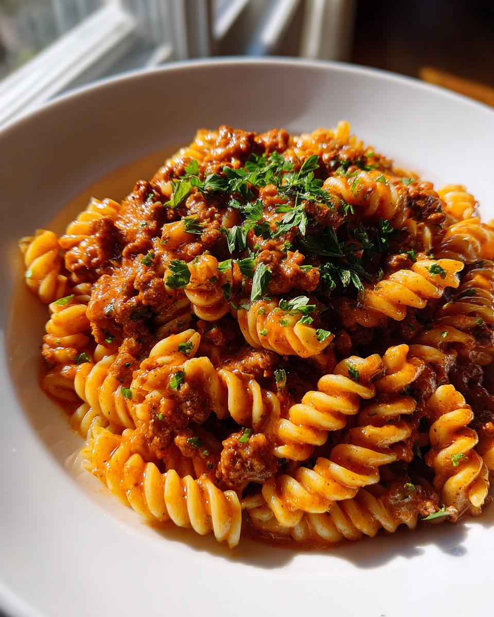 Teller mit cremiger Hackfleisch-Pasta Hausfrauenart und Spiralnudeln, garniert mit frischer Petersilie.