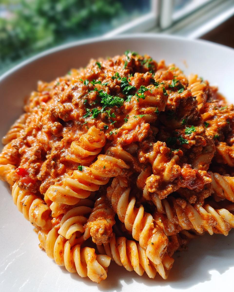 Nahaufnahme von cremiger Hackfleisch-Pasta Hausfrauenart mit Fusilli, üppig bedeckt mit Soße und Petersilie.