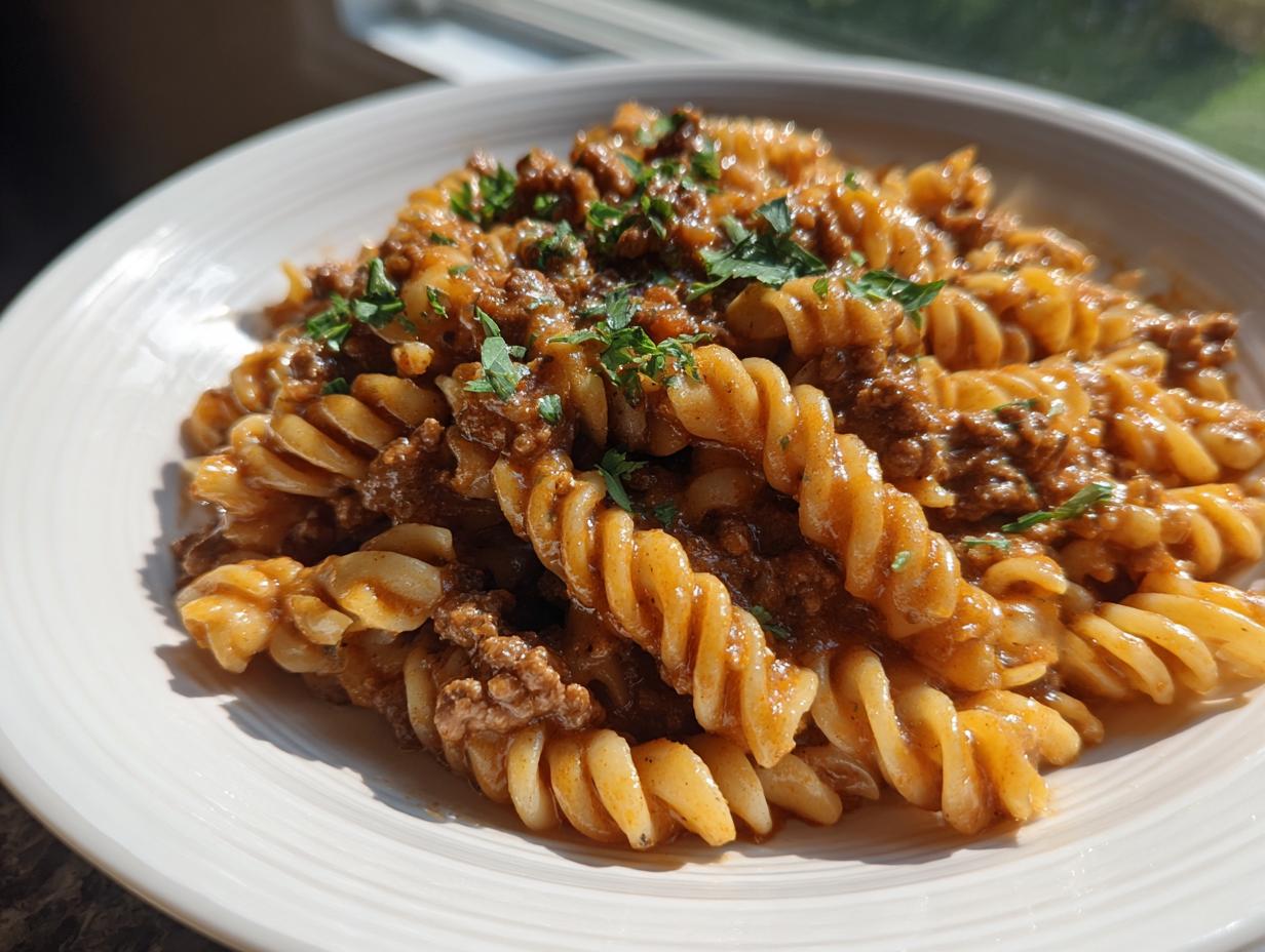 Nahaufnahme von cremiger Hackfleisch-Pasta Hausfrauenart mit Spiralnudeln und Petersilie auf einem weißen Teller.