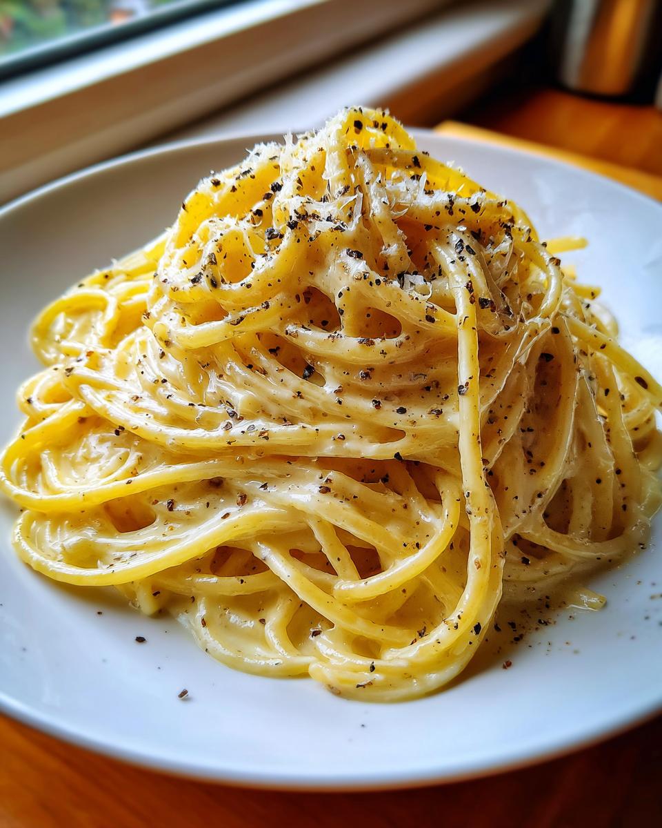 Nahaufnahme von cremigen Nudeln mit Parmesan und Pfeffer, üppig bestreut mit frisch gemahlenem schwarzem Pfeffer.